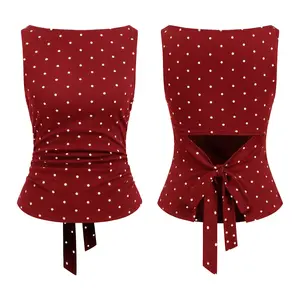 Women's Polka Dot Tank Top, Sleeveless Crop Tops, Summer Sleeveless Knot Design, Y2K Style, Slim-Fitting Fitted, Round Neck, Back Tie, Casual Wear Womenswear Lady