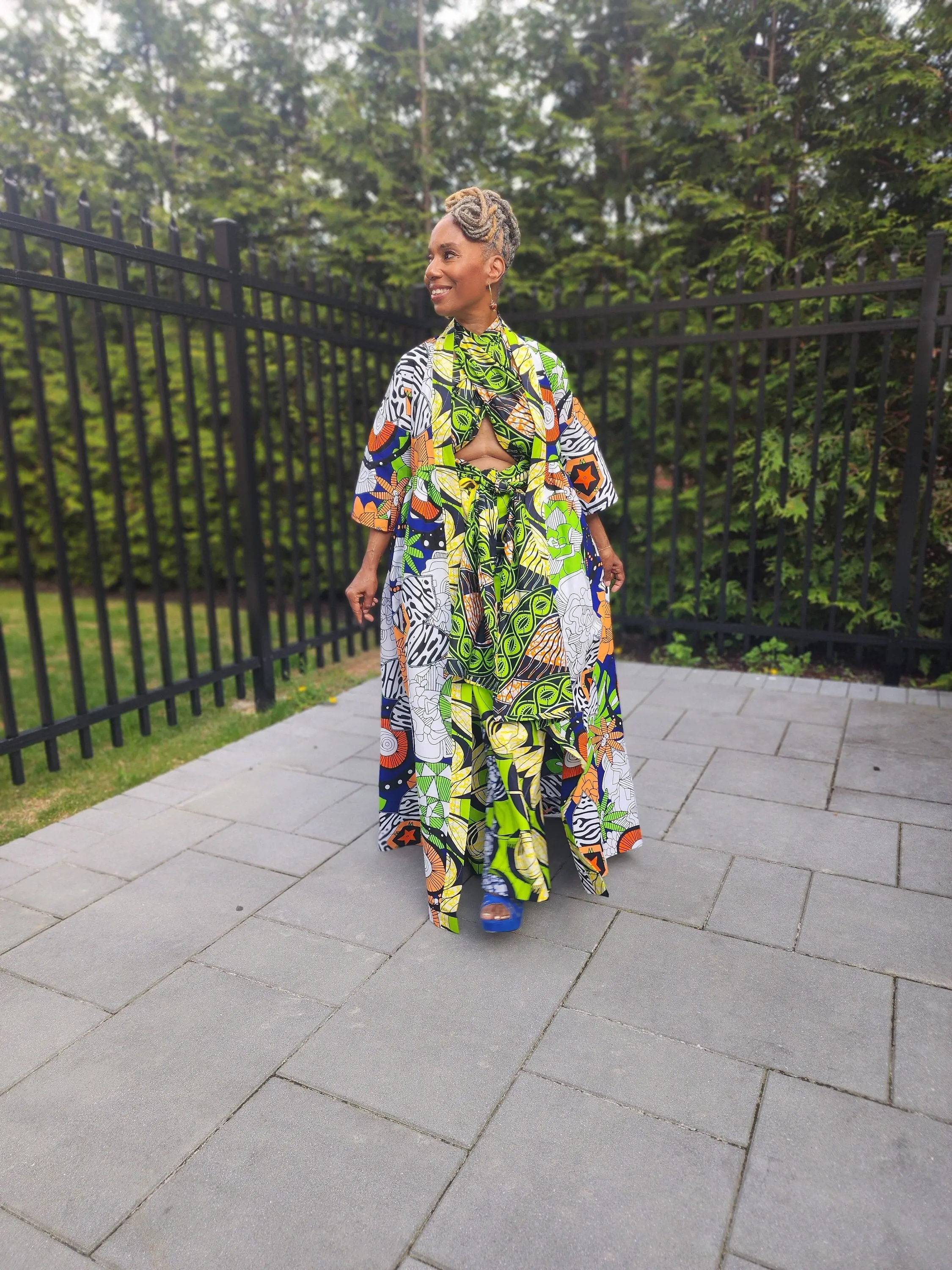 Harusi Kimono, Floor Length  Royal, White and Green Mixed Print Kimono, African Outfits for Women, African Dresses for Women