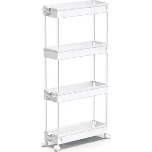 Slim Rolling Storage Cart 4 Tier Bathroom Organizer Mobile Shelving Unit Utility Cart Tower Rack for Kitchen Laundry Narrow Places, White