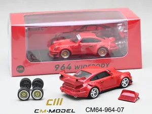 CM MODEL Porsche 964 Widebody 1:64 Scale Model Car with Quick Release Wheels & Spoilers, Red, Officially Licensed Collectible