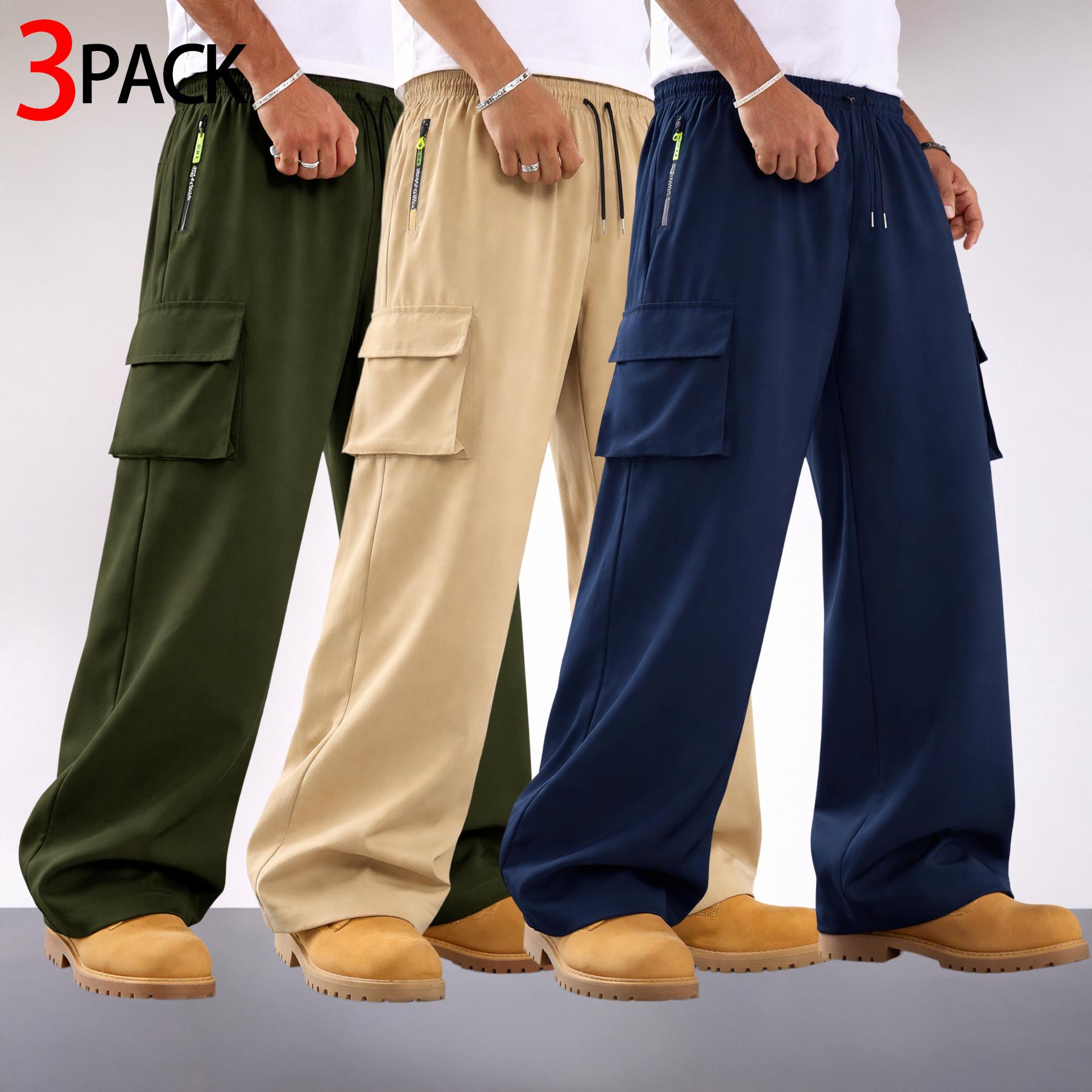 3-Pack Men’s Cargo Pants – Wide Leg, Drawstring, Multiple Pockets; Streetwear Utility Pants with a Loose Straight Fit, Zipper Pocket, and Large Flap Cargo Pockets; suitable for casual commuting, outdoor wear, and relaxed everyday outfits.