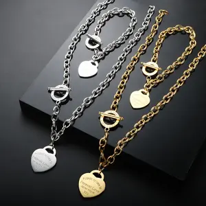 [Forever & Love] LOVE Engraved Heart Pendant Bracelet and Necklace Set, Stainless Steel OT Clasp Couple Jewelry Gift for Women Girls