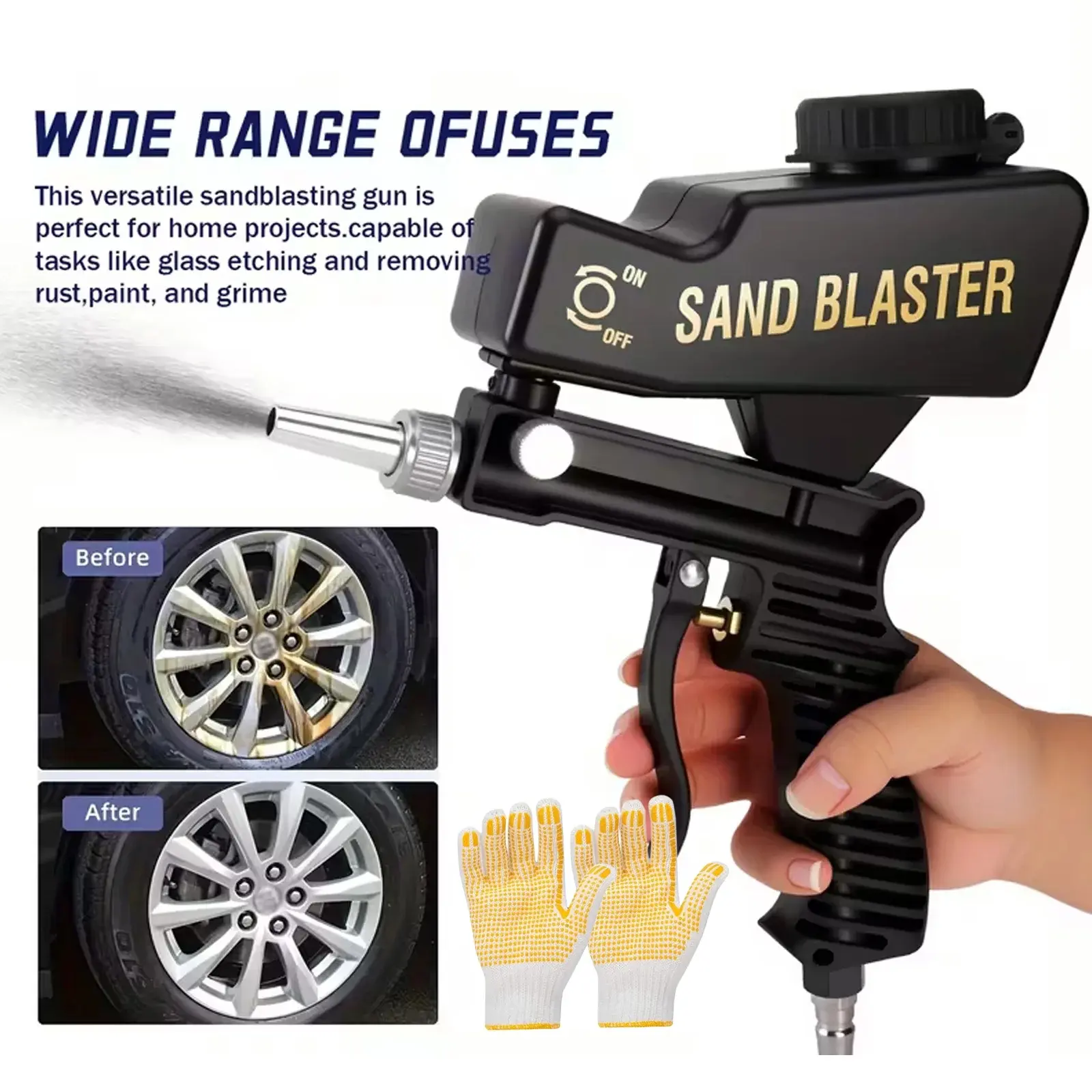 Compact Gravity Feed Sandblasting Gun, Works with 70-150 PSI Air Compressors, Gravity Hopper Design for Blasting Media, Rust & Paint Stripping Tool for Metal, Wood & Glass Etching, Ideal for Auto Repair & DIY Refinishing