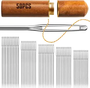 [New Deal] 50Counts/Set, Self Threading Needles, Easy to Thread the Needle, with Wooden Needle Case, Sewing Supplies for Home Use for DIY Embroidery Mending Sewing Projects.