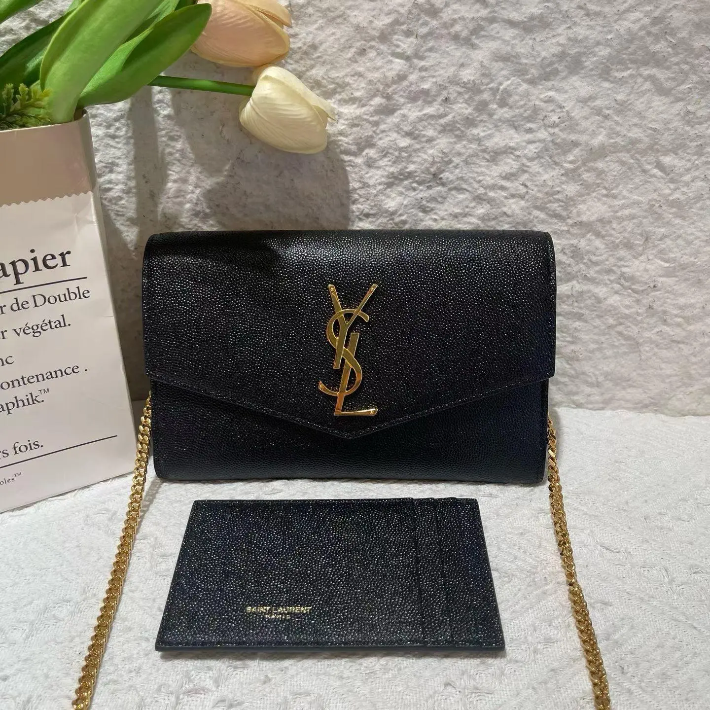Pre-owned Saint Laurent YSL Saint Laurent black envelope chain bag Size: 19*12 classic gold label logo design, grained calfskin material, super versatile, ready XH 22383378