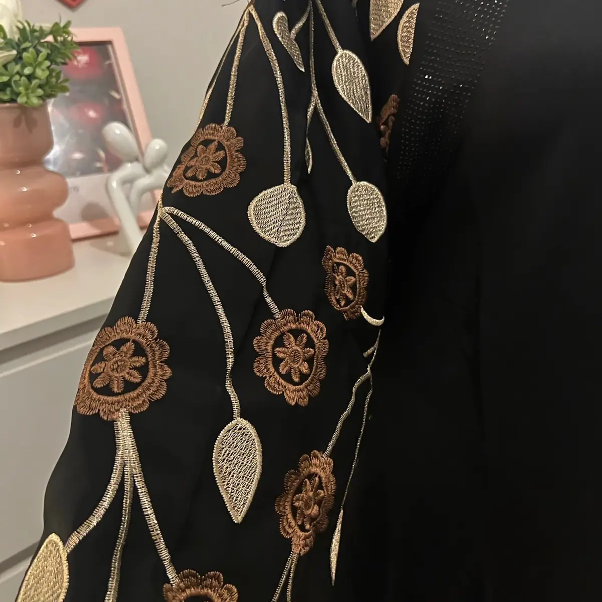 Butterfly Satin Abaya with Floral Design and Gold Accents