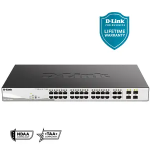 D-Link 28-Port Gigabit Smart Managed PoE+ Switch (DGS-1210-28MP), 24 PoE+ Ports (370W) + 4 Combo SFP Ports, L3 Lite, Follows NDAA/ TAA