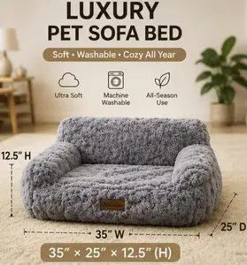 Fluffy Plush Pet Sofa Bed for Dogs & Cats, Calming Couch Bed with Removable Cover, Non-Slip Bottom, Soft Anti-Anxiety Pet Bed Gray