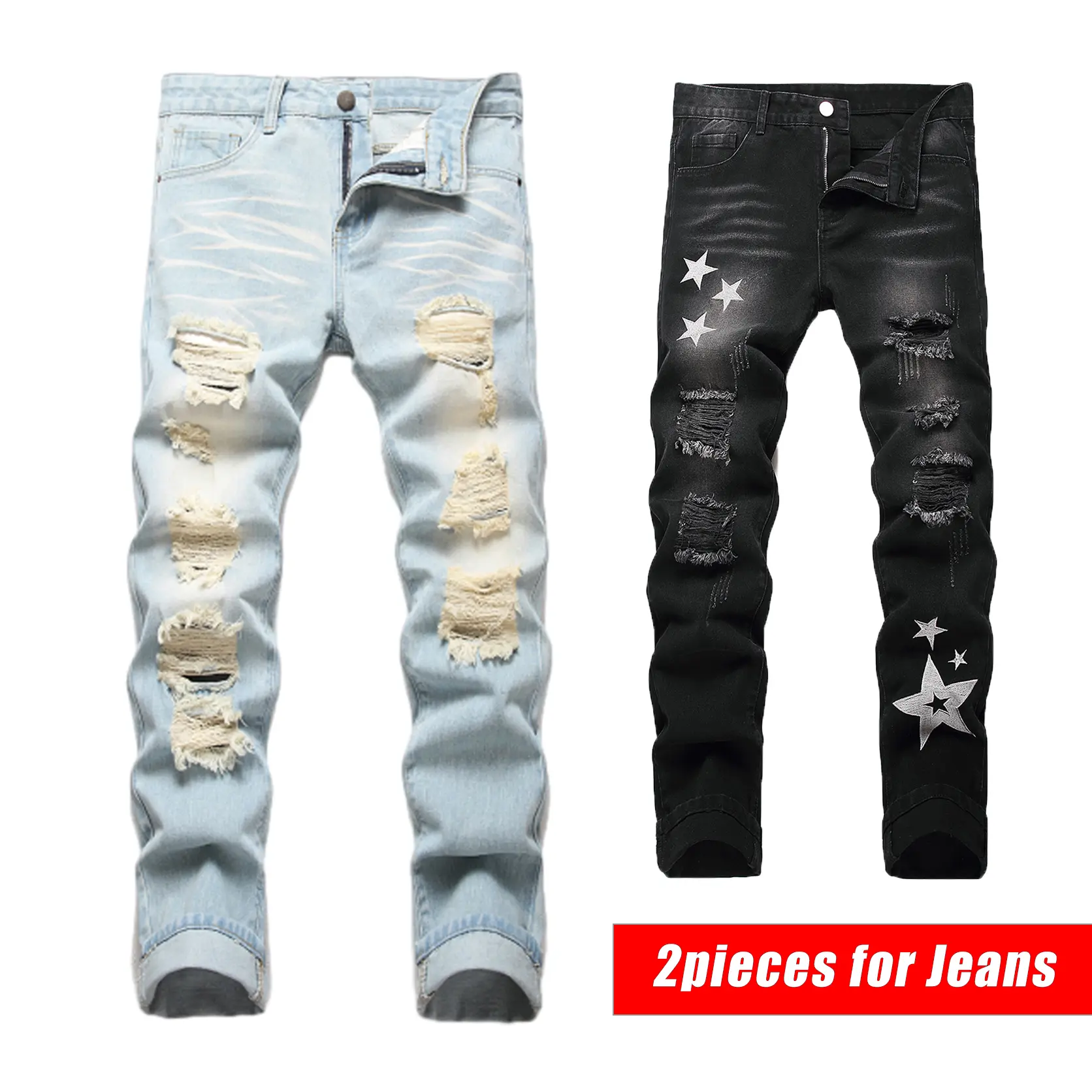 Men's Retro Ripped Embroidered Jeans ,Straight Casual Slim American High Street Long Pants,Hole Straight Biker Jeans Male Trousers Menswear,Men's Colored Ripped Jeans, Casual Fashion Straight Leg Comfort Denim Pants Trouser Streetwear Motocross Jeans