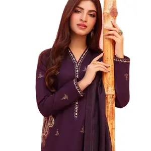 Shirt: Cambric By Pcs: 3 Pcs Trouser: Cambric Dupatta: Zari line cotton Color: Purple Fabric composition: 100% cotton Womenswear