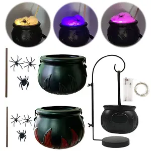 Cauldron Halloween Decor Black Plastic Cauldron with Handle Ball Ornaments Artificial Cotton Lights for Table Home Kitchen Room