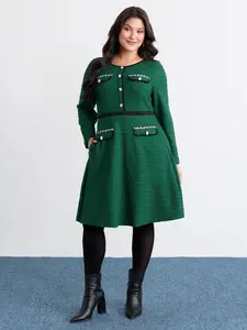 【Summer Turn-Up】BLOOMCHIC Women's Tweed Midi Dress - Long Sleeve, Round Neck, Stretchy Waist, Color Contrast, Pocket, Spandex, DarkGreen/Burgundy, Timeless Elegant Fit, 2026 Spring Break Gift for Mother's Day/Easter 2026 Summer Pick for Mother's Day