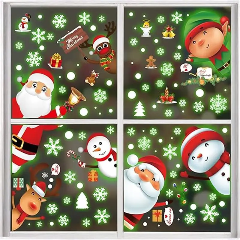 Christmas Window Clings 8 Sheets 105pcs Glow in The Dark Xmas Winter Snowflake Stickers for Room Ornaments and Decoration