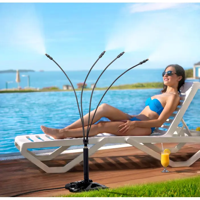 Standing sprayer for outdoor patios; portable standing spray system for cooling outdoors; standing sprayer with long water stream for gardens, backyards, barbecue parties, pools, and beaches.