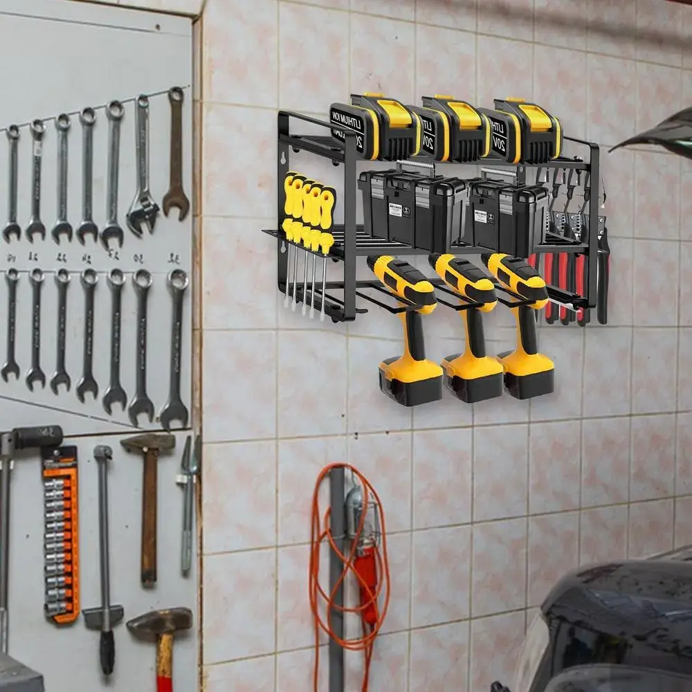 Large Power Tool Organizer Wall Mount,4 Layers Heavy Duty Metal Loads 400lbs,Power Tool Shelf Battery Storage with 8 Cordless Drill Holder,Utility Racks for Garage Workshop