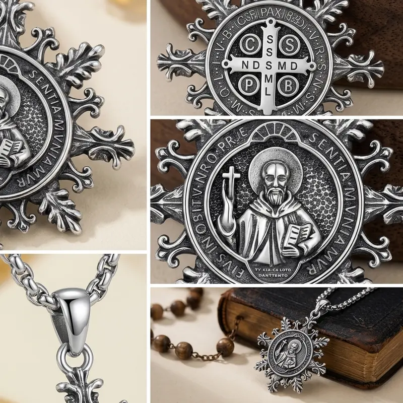 DRINSPER Unisex Silver-Plated Copper-Coated St. Benedict Medallion Pendant Necklace - Vintage Snowflake Religious Figure Motif, Adjustable Stainless Steel Chain, Coated Metal Protective Charm Faith Gift for Daily Wear, Medallion Pendant Necklaces DRINSPER Unisex Silver-Plated Copper-Coated St. Benedict Medallion Pendant Necklace - Vintage Snowflake Religious Figure Motif, Adjustable Stainless Steel Chain, Coated Metal Protective Charm Faith Gift for Daily Wear, Medallion Pendant Necklaces