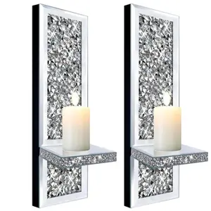 Set of 2 Crystal Crush Diamond Candle Sconces Silver Mirrored Wall Sconce Holder Glass Decoration Home Decor