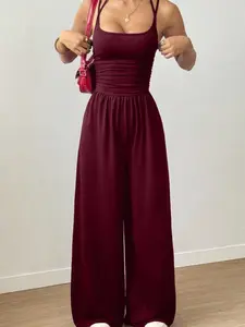 Women's Street Style Casual Double Strap Sleeveless Jumpsuit, Drapey Wide Leg Pants, Pleated Waist Design, Ideal for Daily Home Wear and Outdoor Streetwear, Fit, Womenswear