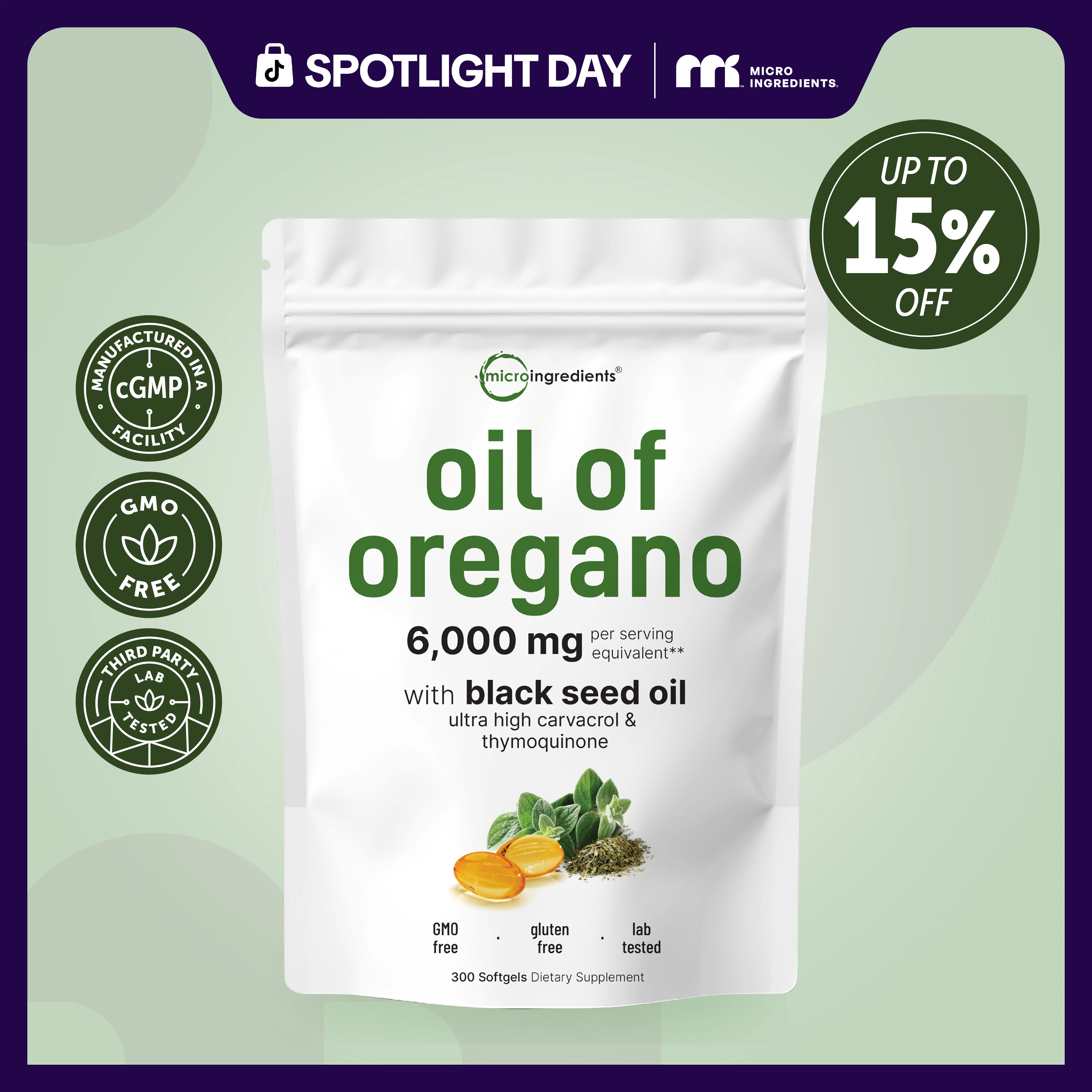 Micro Ingredients Oregano Oil with Black Seed Oil, 150/300 Softgel, 4X Strength Carvacrol & Thymoquinone | Plant Based, Non-GMO