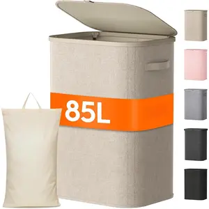 85L Large Laundry Basket with Lid, Laundry Hamper with Plastic Handles and Removable Bag, Foldable Tall Dirty Clothes Hampers for Laundry for Laundry Room, Bedroom, Bathroom, Dorm, Beige