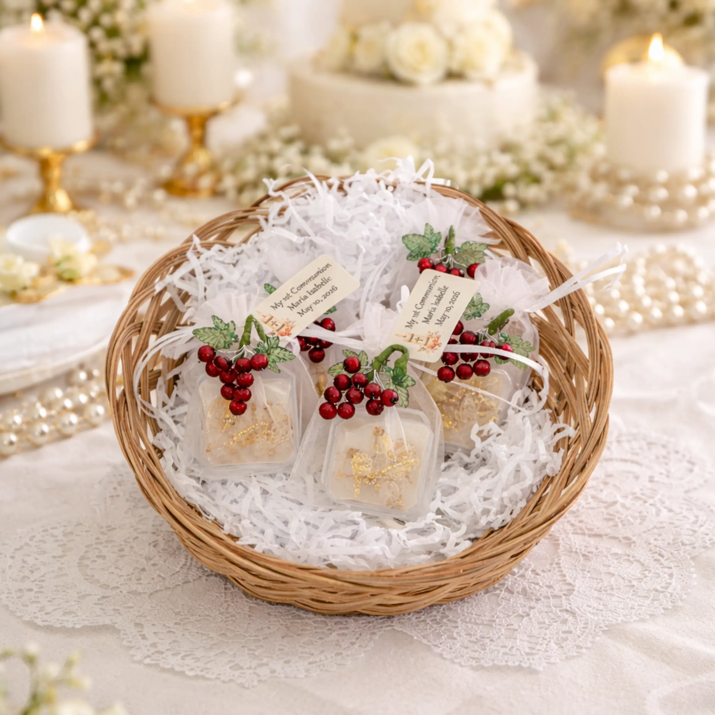 Personalized First Communion Favors Set of 12 – Ready to Gift Virgin of Guadalupe Rosary Grape Accent Car Charm