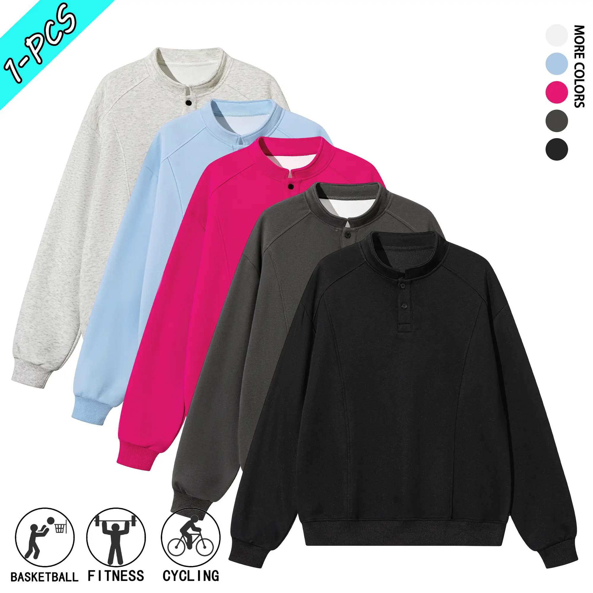 Men’s spring/autumn casual fashion Henley sweatshirt, solid color, minimalist design, long sleeves, stand collar, Huamian fabric, couples’ style—new arrival, suitable for outdoor sports, everyday wear, street outings, and date nights.