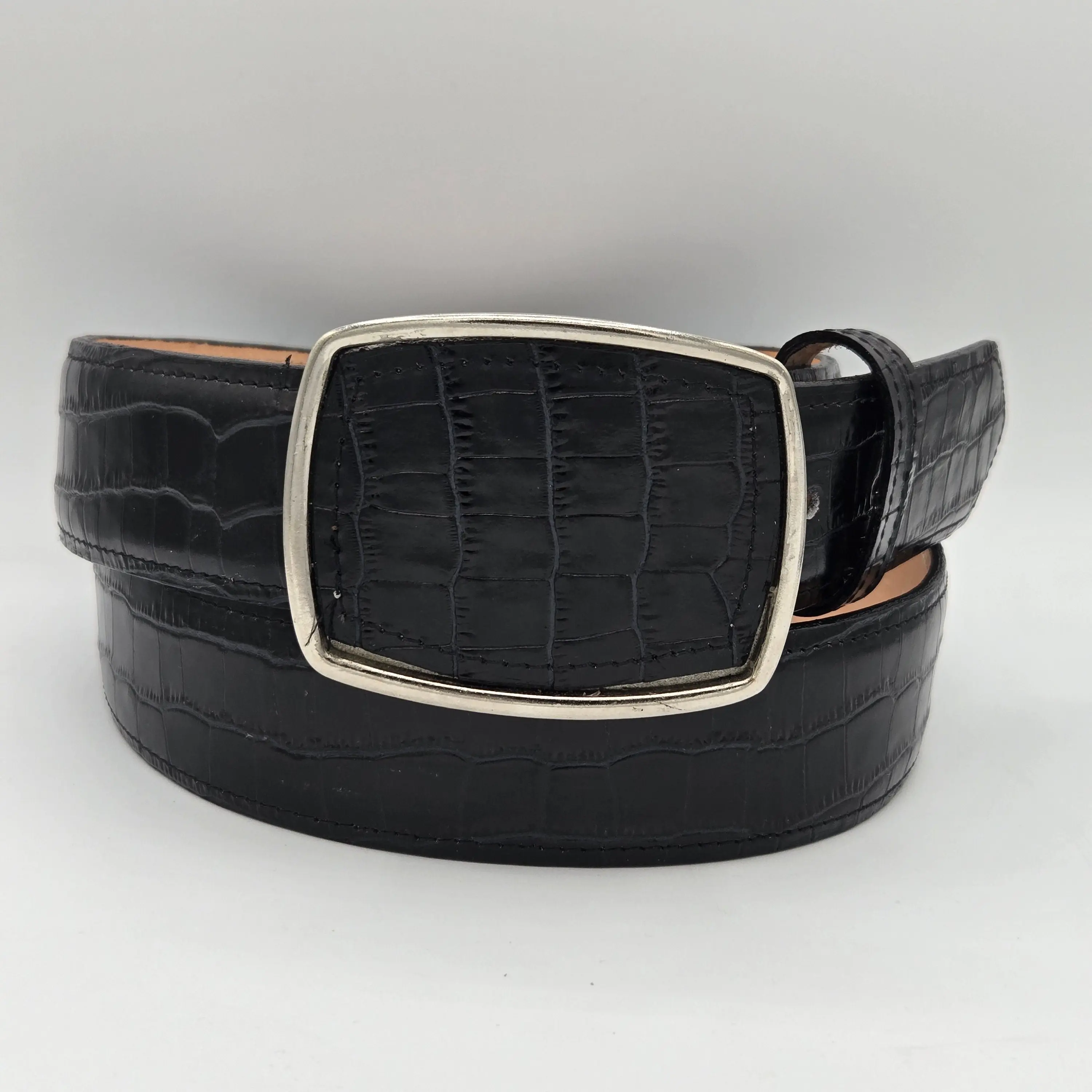 Denver Faux Caiman Print Rectangle Buckle Belt - Black