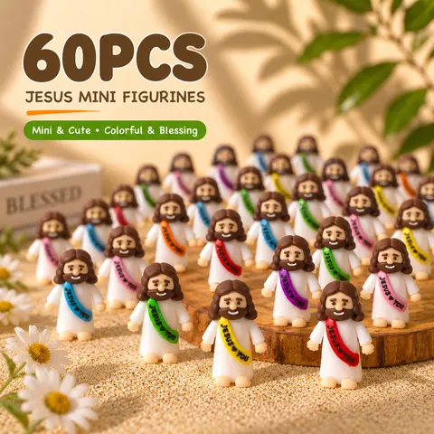 60 Pack Vibrant Mini Jesus Rubber Figures, Jesus Loves You Hide-and-Seek Toys, Religious Decor & Gifts for Baptism, Sunday School and Christmas Party Favors