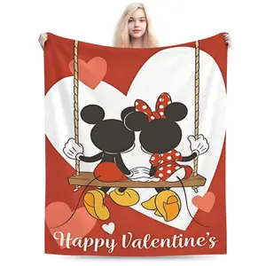 DISNEY CLASSIC Mickey & Minnie Valentine's Day Throw Blanket – Romantic Cartoon Couple on Swing, Red Heart Design, Soft Cozy Fleece Blanket for Couples, Living Room, Bed, or Gift