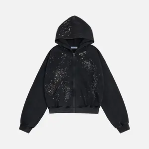 Star Rhinestone Zip Up Hoodies Womens Mens Casual Hooded Jackets Unisex Loose Crystal Y2K Pocket Sweatshirts，Hotfix Rhinestone Star Zip Up Hoodie Vintage Washed Hoodies Streetwear Hooded Sweatshirts Jackets Unisex Long Sleeve Breathable