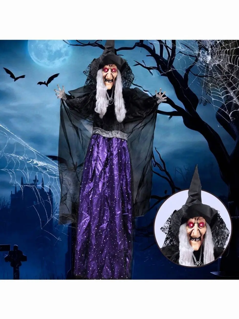 47'' Animated Witch Halloween Decorations Outdoor Indoor, Scary Halloween Animatronics Decor, Hanging Ghost Talking Sound Activated Led Lights Eyes
