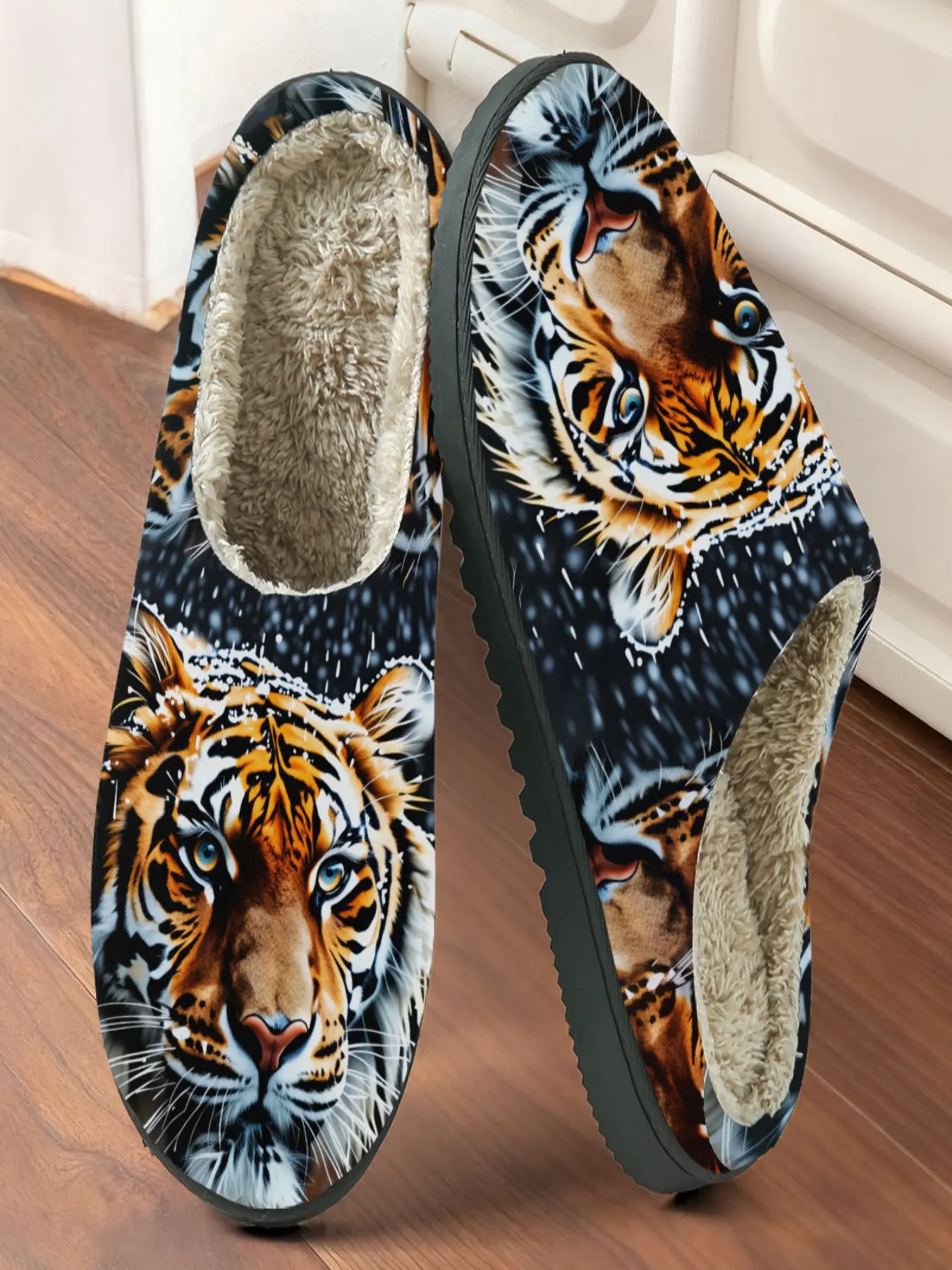 Wild Tiger Plush Slippers, Bold Tiger Print + Warm Fleece Anti-Slip Sole, Thick Bottom Comfort, Essential for Winter Home Use