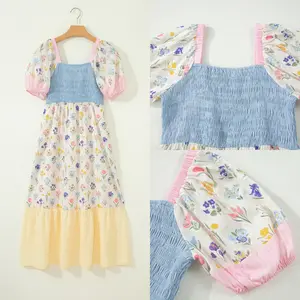 Multicolour Floral Print Striped Color Block Patchwork Square Neck Shirred Long Dress fashion nova birthday dress