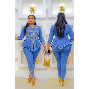 Blue Denim & Diamonds Birthday Party Outfit, Rhinestone Peplum Top & Pants 2-Piece Set Curvy Stretch Jeans