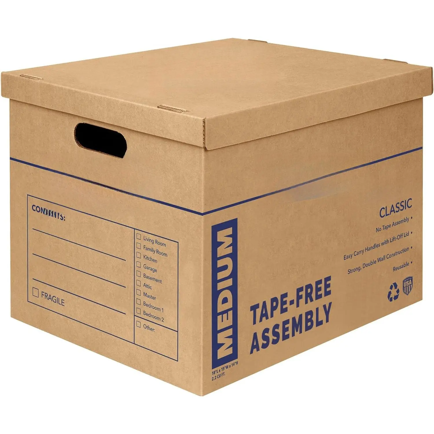 Medium Classic Moving Boxes, Pack of 8, Reinforced Handles, No Adhesive Components, Boxes with Lids, Dimensions 19inch x 14.5inch x 15.5inch7717201)