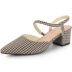 BLISSFUL STEP Houndstooth Pointed Toe Slip on Block Heels Mules Khaki
