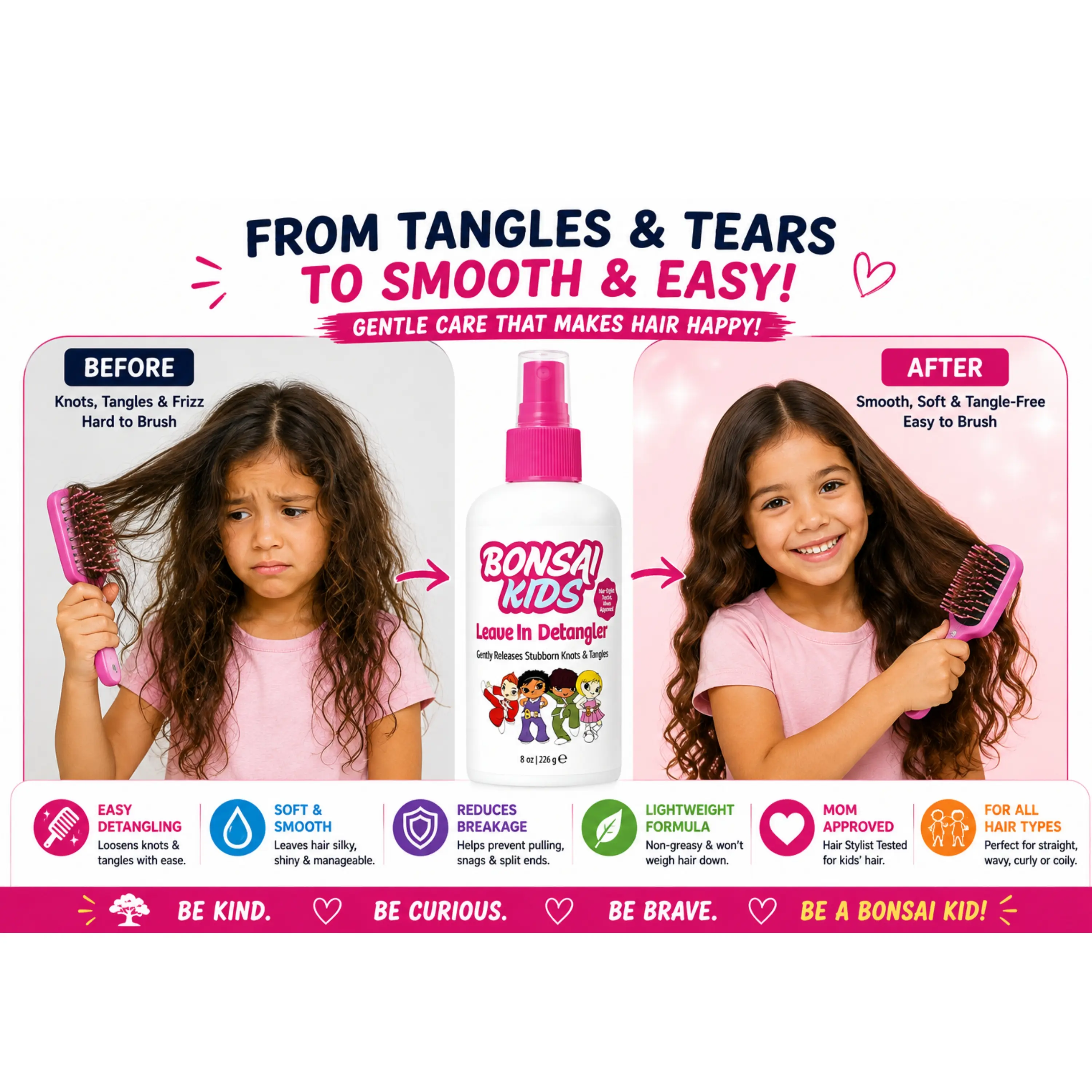 Bonsai Kids Hair Care Girls' Biodegradable Alcohol-Free Haircare Detangler Spray - Tangle-Free, Knot-Resistant for Children's Wavy Hair