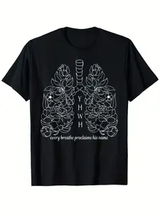 Menswear Classic Casual Round Neck "Every Breath We Take Proclaims His Name Jehovah" Christian T-Shirt, Durable Cotton Fabric, Artistic Print, for Adult Office Commute, Presidents' Day