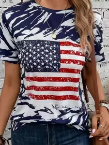 Women's Usa Flag All Over Print T-Shirt, Round Neck Short Sleeve, Soft Fabric, Casual Daily Wear, Youthful Summer Top, Basic Fashion