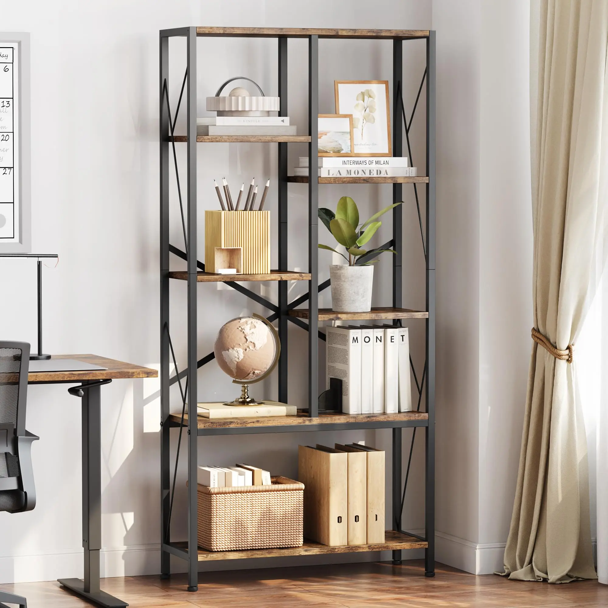【GARVEE】Bookshelf 5 Tier Bookcase: Industrial Storage Shelf with Metal Frame and Open Shelves, Rustic Brown Finish for Living Room or Bedroom Display