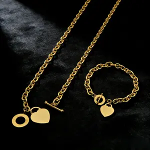 Titanium Steel 2-Piece Heart Pendant Set Bracelet & Necklace with Logo Center Adjustable Length 50CM Necklace 18CM Bracelet Creative Holiday Gift for Girlfriend Mom Fashion Jewelry Accessories - Decor, Hanging