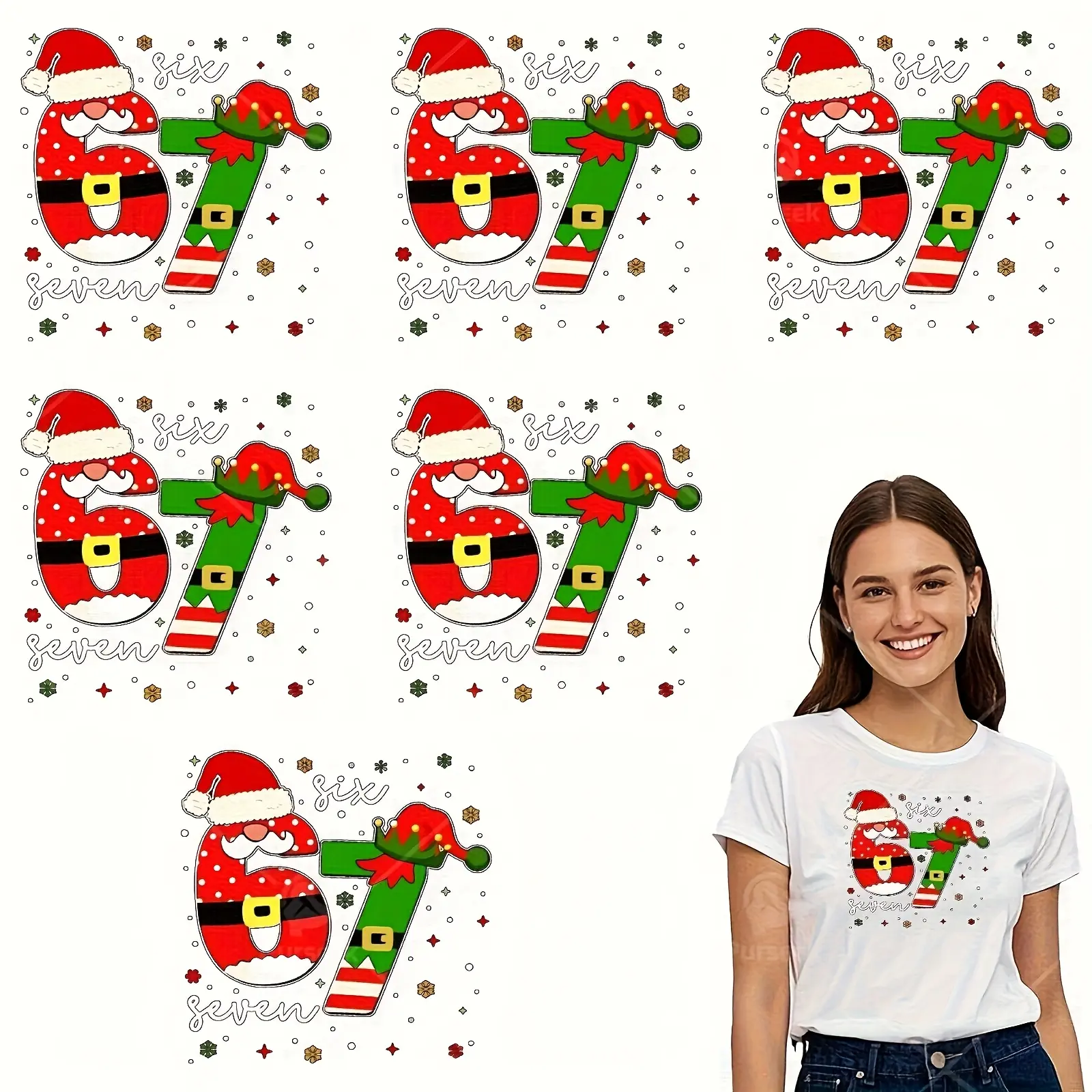 Set of 6 Christmas Theme Iron-On Patches, Includes Santa Hat and Number 67, Easy Application for Clothing Bags Hats, Ready for Heat Press