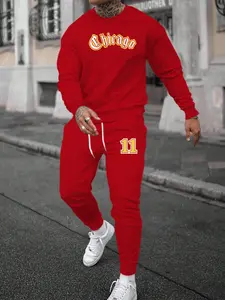 two-piece men's set, Menswear, with long sleeves and pants printed with "contrasting retro letters" for daily casual wear, simple round neck long sleeves for spring and autumn wear