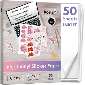Inkjet Printable Vinyl Sticker Paper for Inkjet Printer - 50 Sheets 8.5x11 Inch White Glossy Waterproof Tear-Resistant Removable Sticker Paper