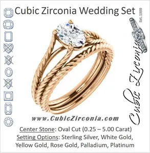 CZ Wedding Set, featuring The Manuela engagement ring (Customizable Cathedral-set Oval Cut Solitaire with Rope-Engraved Split-Band)