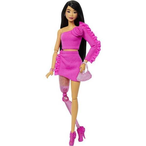 Mattel - Barbie Deluxe Style with Black Hair and Glittery Prosthetic Leg, Pink Top and Skirt Set with Rose Detail and Accessories  [Collectible Figurine/Statue/Bust] Paper Doll