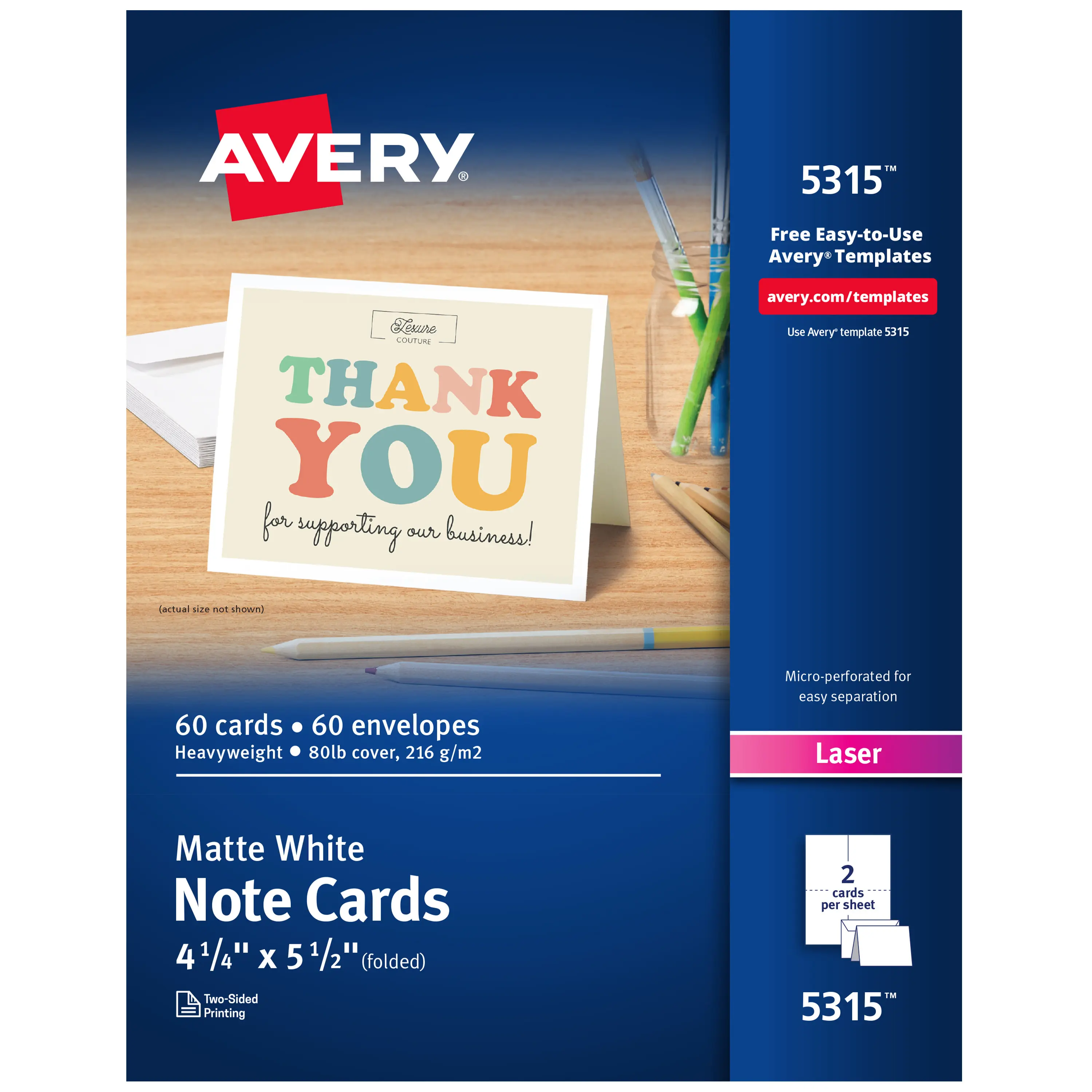 Avery Heavyweight Printable Note Cards, Envelopes Included, 4.25"x5.5" Matte White, Laser Printer Compatible, 60 Blank (5315) for Business Marketing Collateral, Custom Message Card, Party Invitations, Event Reminders