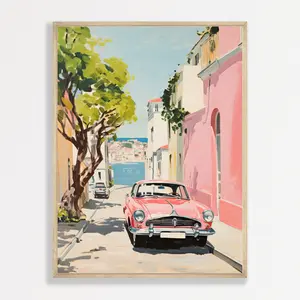 Retro Car Painting | Pastel Pink Wall Art | Minimal Vintage Home Decor | Trendy Fine Art Poster