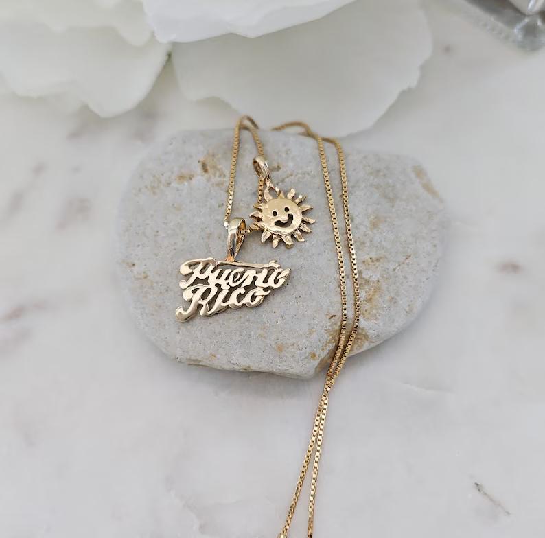 Gold Puerto Rico Necklace - Choose from Palm Tree, Coqui, Sea Shell, Chancla (Flip Flop) or Happy Sun - 14k Heavy Plated Gold Gold Puerto Rico Necklace - Choose from Palm Tree, Coqui, Sea Shell, Chancla (Flip Flop) or Happy Sun - 14k Heavy Plated Gold