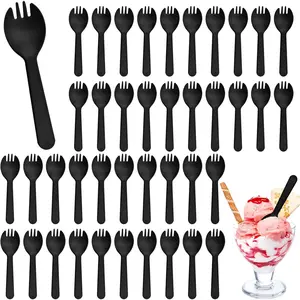 200Pcs Disposable Plastic Spoons Individually Wrapped Utensils 2 in 1 Fork and Spoons for Dessert Restaurant Outdoors Party Home Office Use (Black)